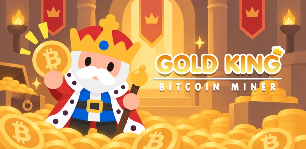 The Gold King in his royal treasure hall, surrounded by golden Bitcoin coins