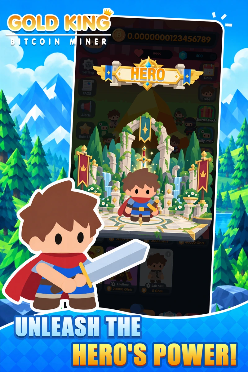 The Hero offer screen and a hero miner carrying a sword